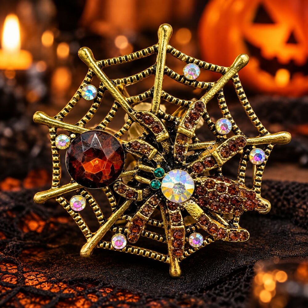 New Halloween Vintage-Inspired Amber Rhinestone Spider Web Brooch Pin